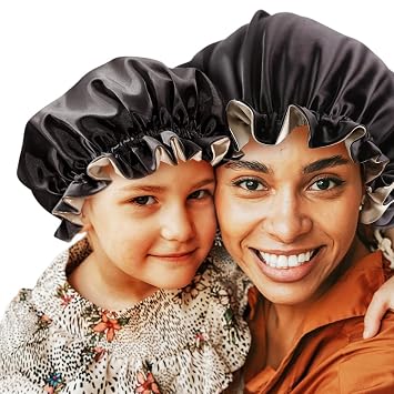 Mommy and Me Bonnet Set Satin Bonnet Sleep Cap, Adjustable Hair Bonnet for Women and Baby/Kids/Toddler Double Layer Black/Champagne