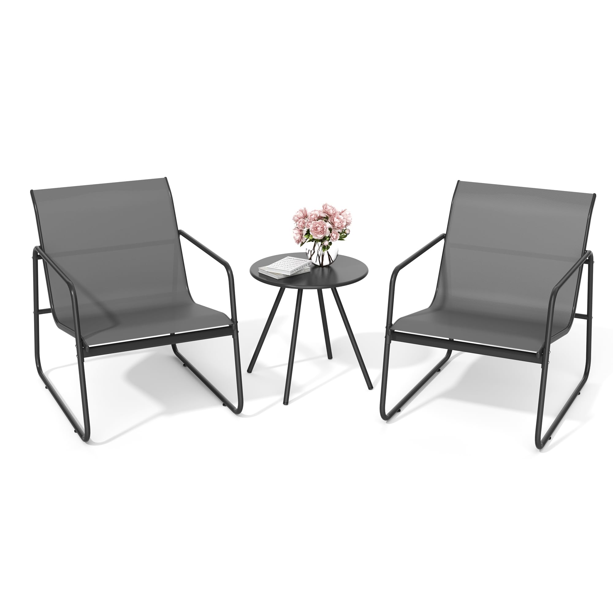 Pamapic Set Tavolo e Sedie da Giardino da 3 Pezzi, Set da Bistrò con Tavolo e 2 Sedie, Tessuto Textilene Traspirante, Salotto da Giardino Esterno, Set da Esterno, Balcone, Bistrot, Veranda, Grigio