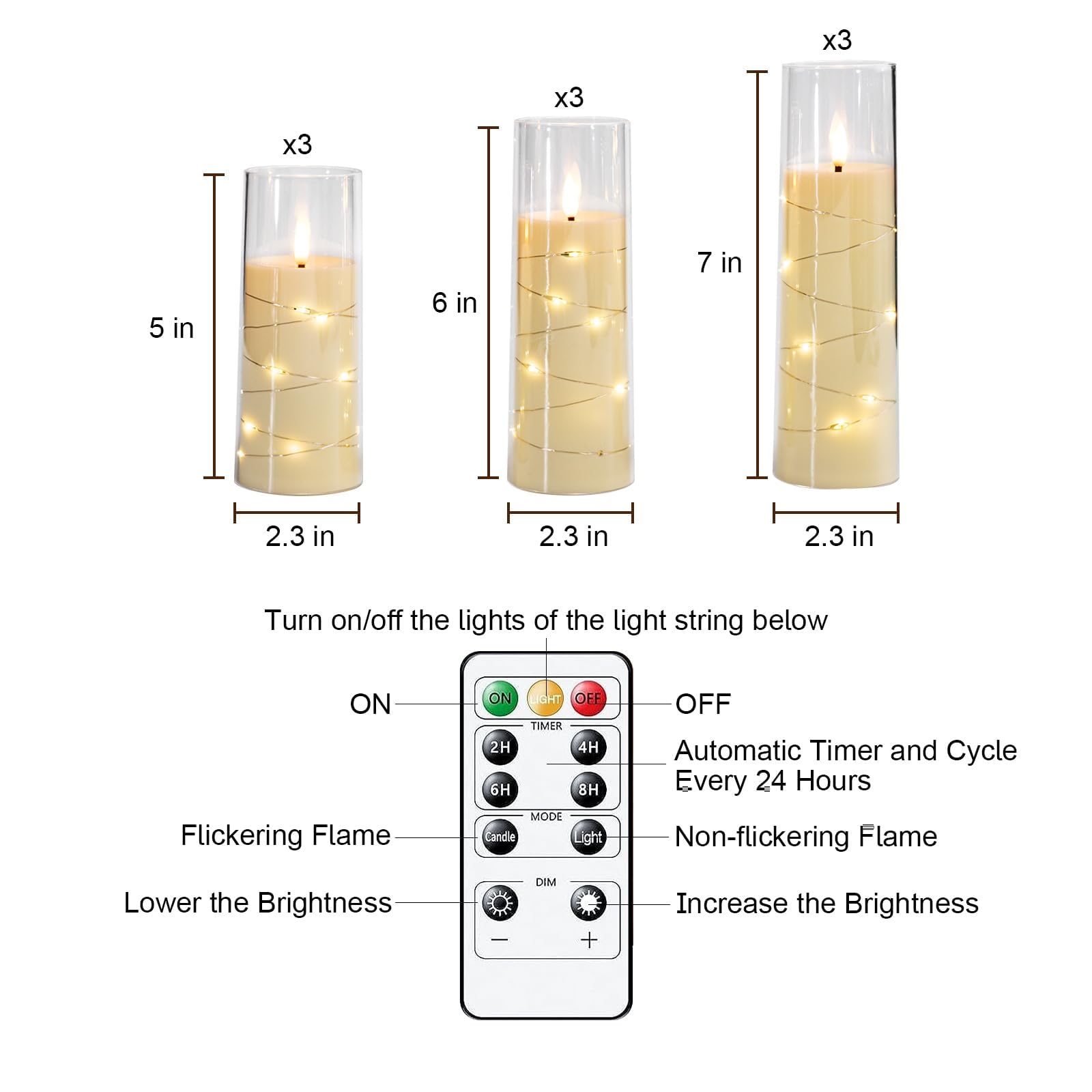 Homemory Candele tremolanti senza fiamma con catena luminosa, candele alimentate a batteria con telecomando e timer, luci a LED, in acrilico, decorazione per la casa, bianco, set da 9