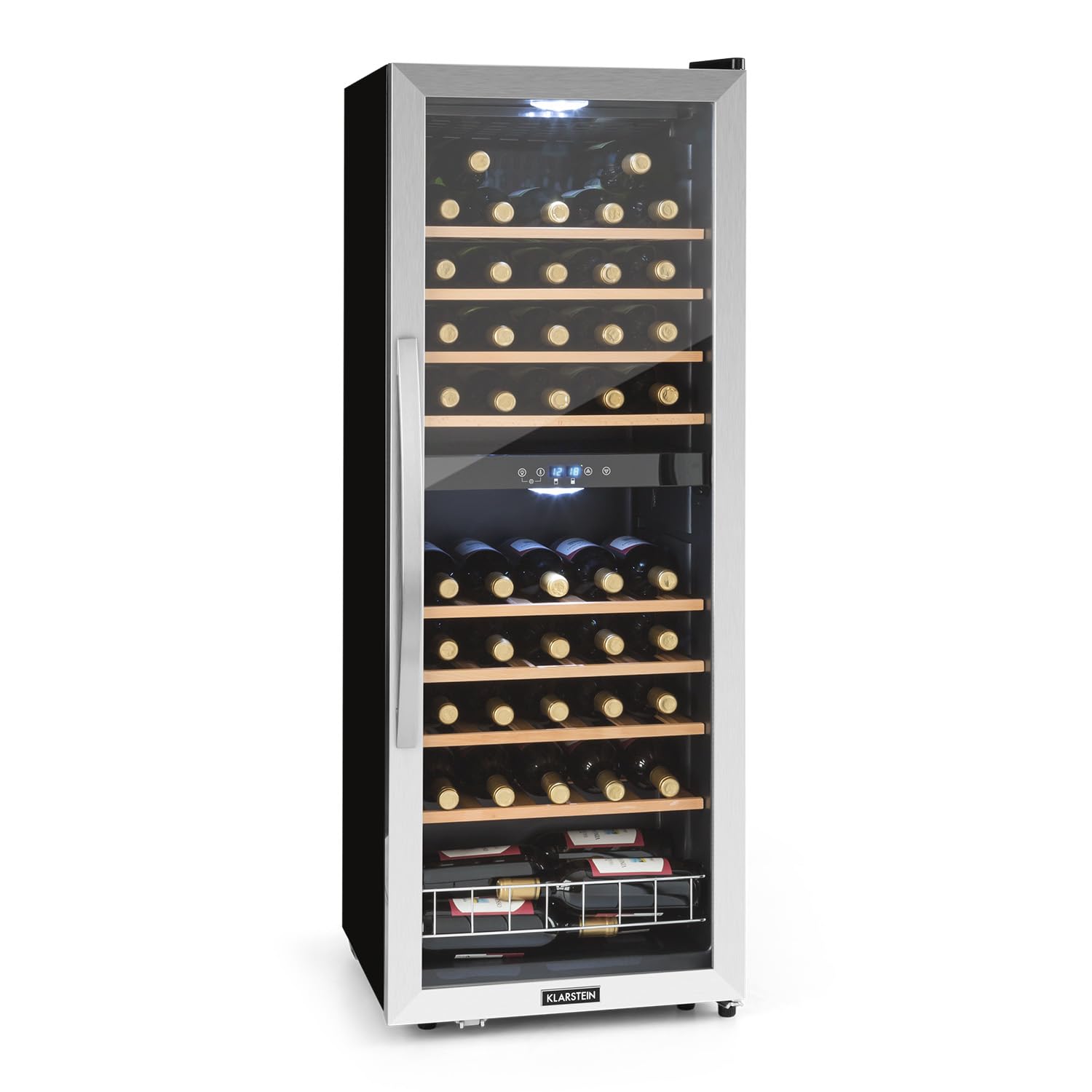 Klarstein Weinkühlschrank, Getränkekühlschrank Schmal, Kühlschrank mit Glastür, Getränkekühlschränke Freistehend, Weinkühlschrank Klein, Weinkühlschränke 2 Zonen, LED-Beleuchtung, 5-18 °C, 54 Flaschen