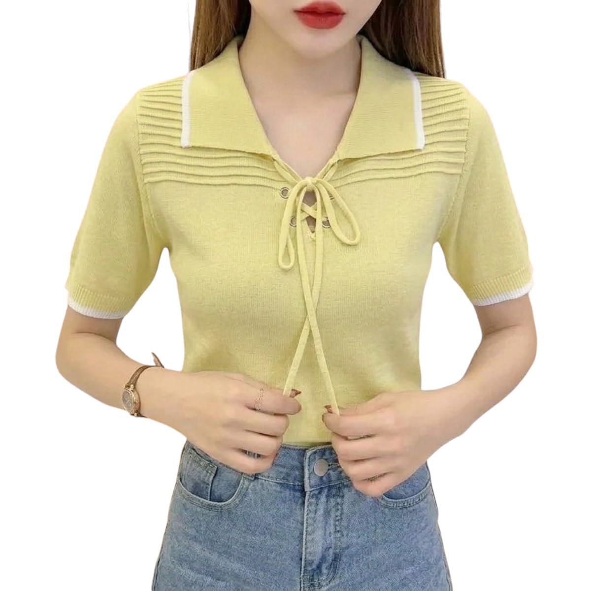 koroind Classic Solid Colored Elegant Knitted Top with Contrast Trim Collar Lace-Up Front Neckline & Short Sleeve Casual & Office Wear Korean Style Polo T-Shirt Stretchable Crop Top for Girls & Women-picture-49