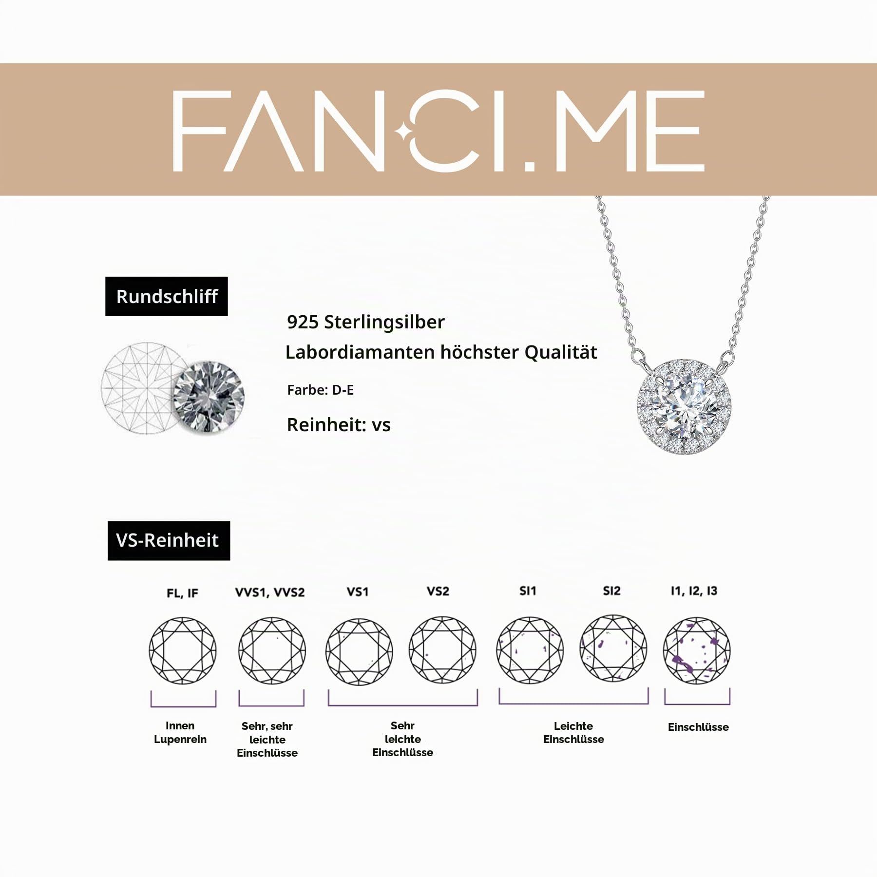 FANCIME Lab-Grown Diamant Halo Anhänger Kette, Farben D-E, Reinheit VS Diamant 925 Sterling Silber Halskette Geschenke Schmuck für Damen Sie, Kettenlänge: 40+5 cm