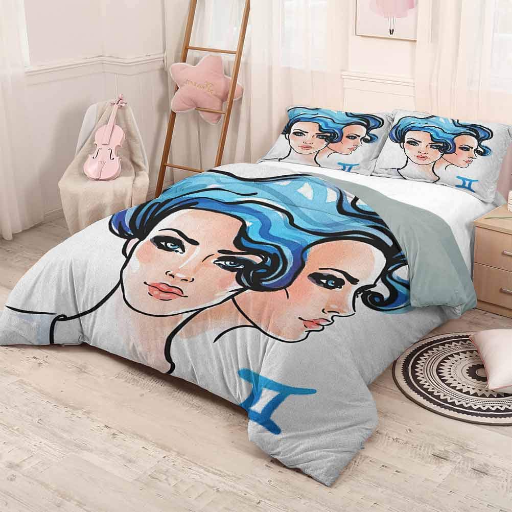 prunushome Zodiac Gemini 3 Piece Bedding SetsInk and Watercolor Artwork Young Women Portraits of Air Sign Light-Weight Blue Pale Peach and Black 71x87in/20x30inx2