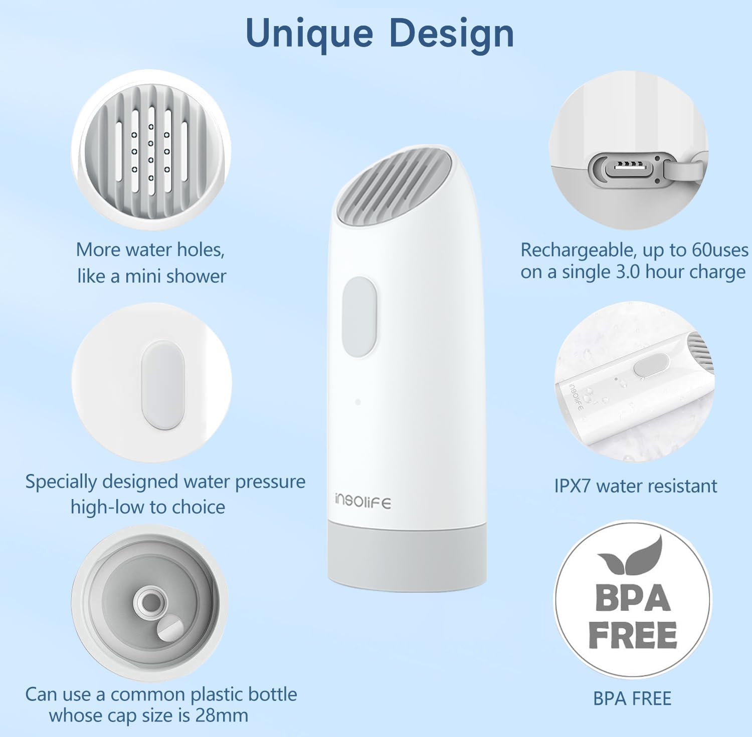 Insolife Bidet portatile da viaggio elettrico ricaricabile mini portatile portatile da viaggio bidet rinfrescante pulito con bottiglia da 400 ml, bottiglia Peri