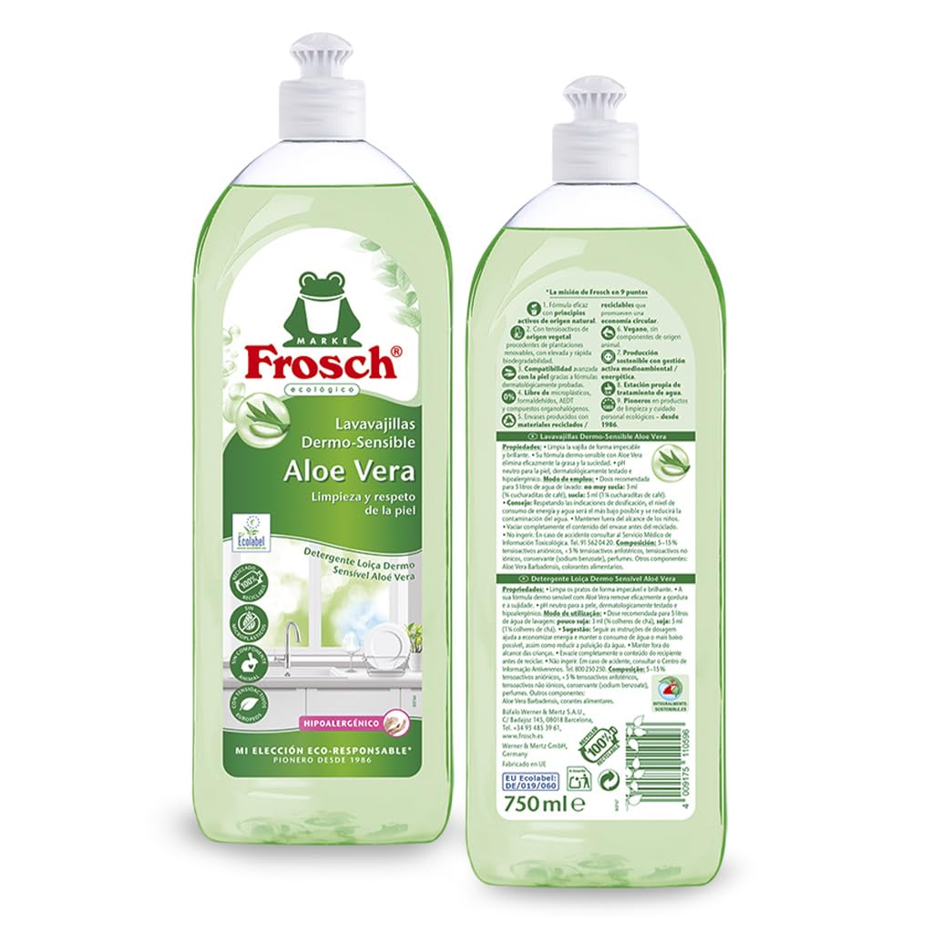 Frosch Lavastoviglie a Mano Liquido Lozione Ecologico Aloe Vera, Dermo-sensibile, Pulizia efficace e protegge la pelle, confezione da 10 pezzi x 750 ml