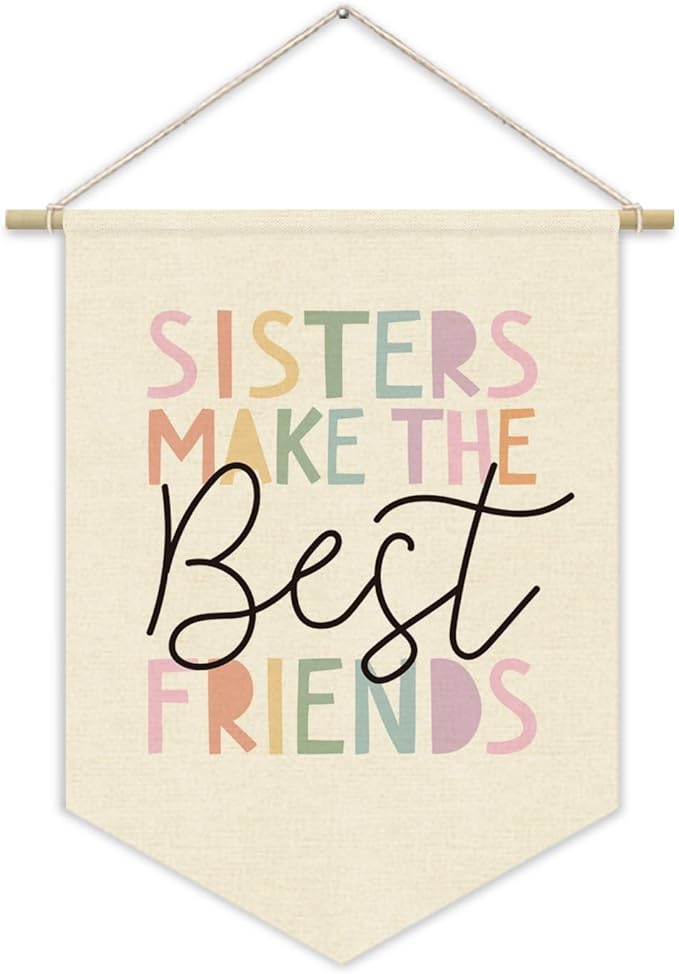 Girls Room Wall Art Decor,Toddler Girl Room Cute Pink Nursery Bedroom Playroom Canvas Banner Decorations,Sisters Make The Best Friends Wall Hanging Pennant Flag Banner
