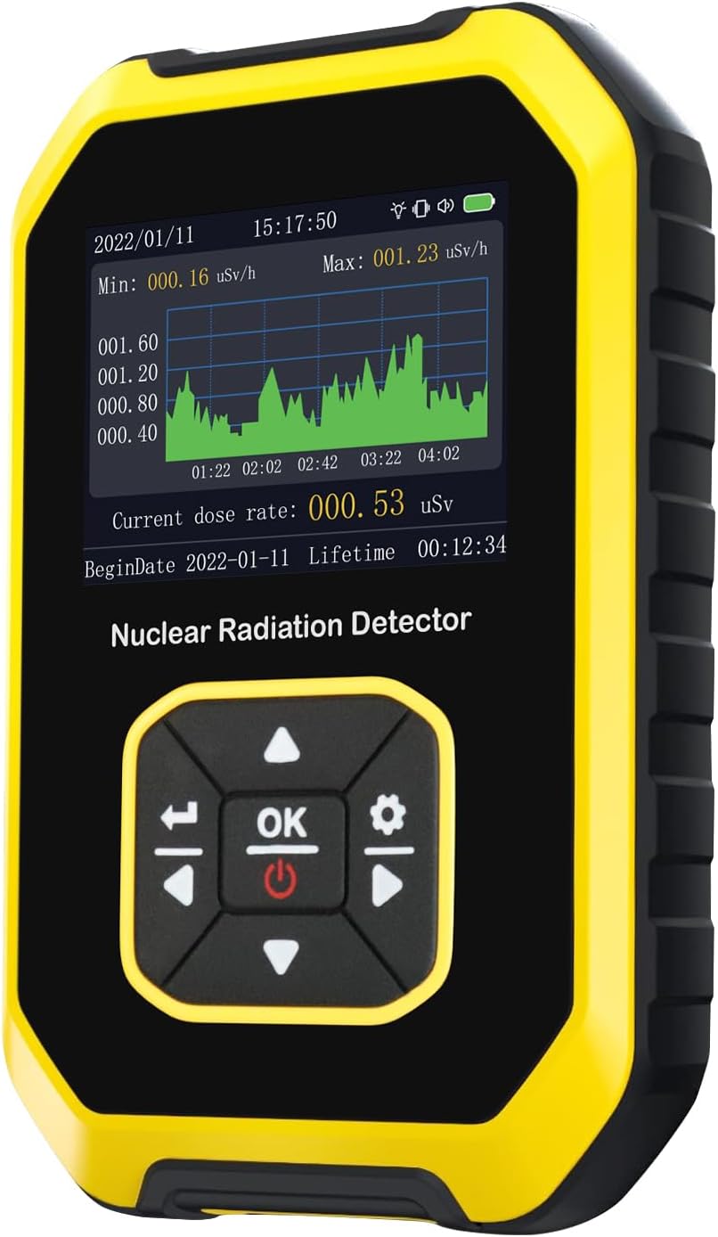 Geiger Counter Nuclear Radiation Detector Handheld Dosimeter Beta Gamma X-ray Radioactive Monitor Tester Alarm 5 Dosage Units Time Date Display for Industrial Use Research Home Personal