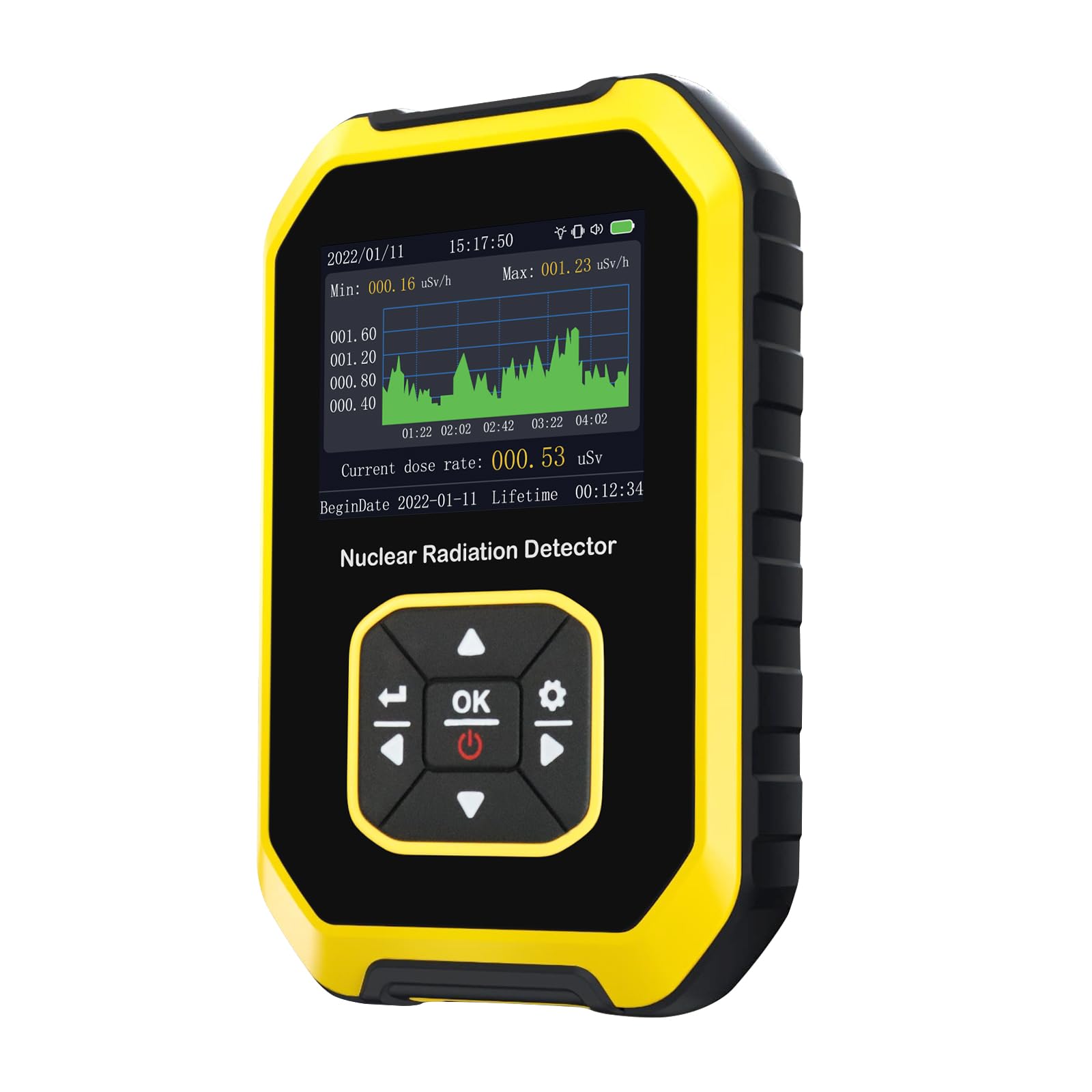 Geiger Counter Nuclear Radiation Detector Handheld Dosimeter Beta Gamma X-ray Radioactive Monitor Tester Alarm 5 Dosage Units Time Date Display for Industrial Use Research Home Personal