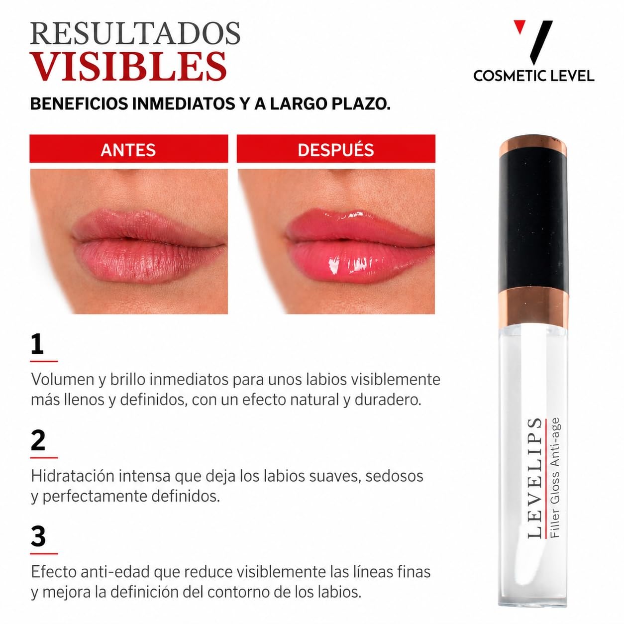 LEVELIPS Filler Gloss Anti-age | Potenciador de labios transparente | Efecto volumen inmediato y natural | Engordar | Reducción visible de arrugas | 6ml