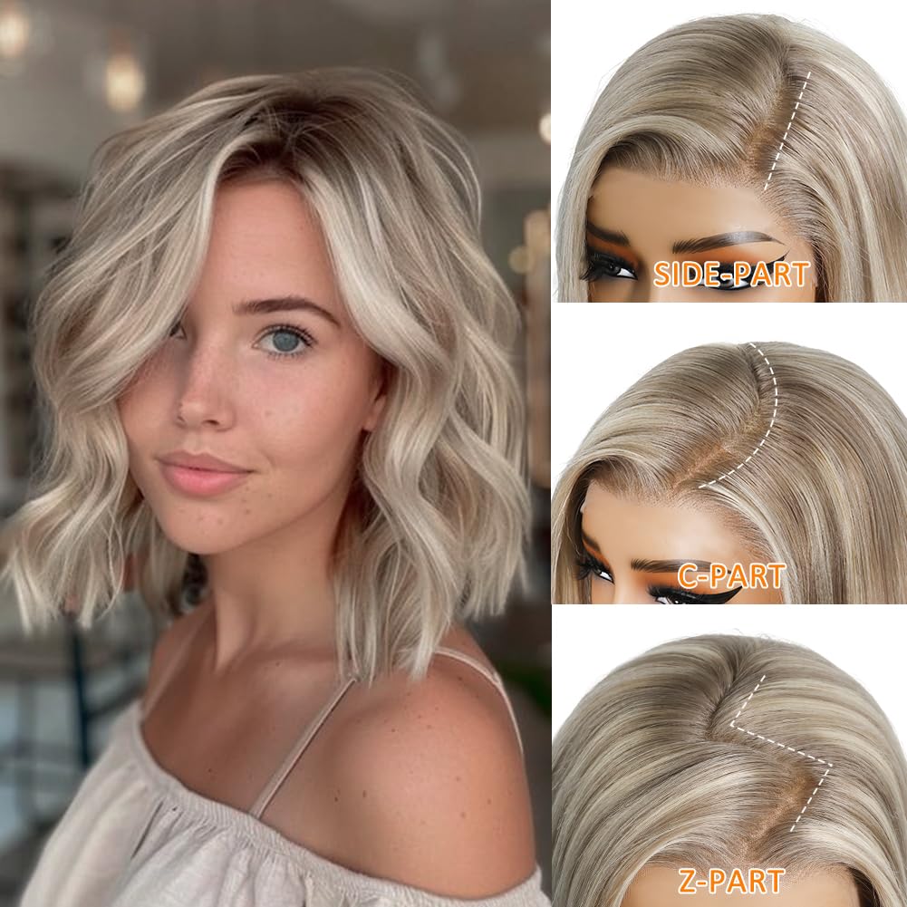 220% Highlight Ash Blonde Wig Human Hair Pre Plucked Pre Cut Ombre Balayage Ash Brown Short Bob Straight Soft 13x4 UHD Lace Front Real Human Hair Wigs For Women 12Inch