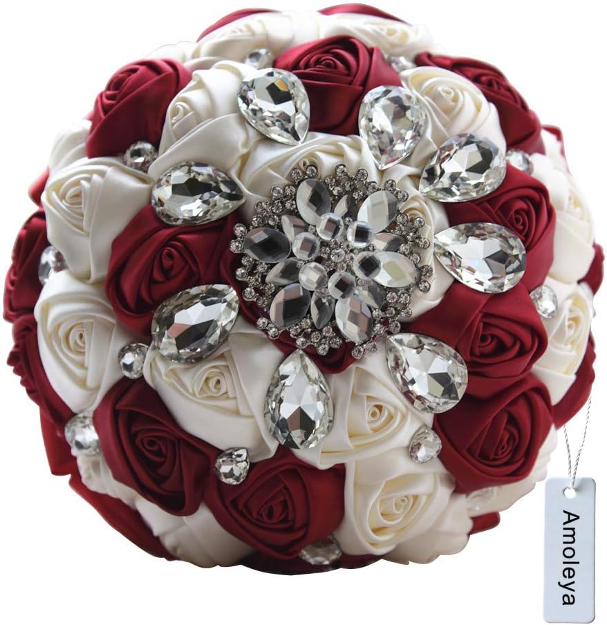 Amoleya 7 Inch Customization Romantic Burgundy Wedding Bride Holding Bouquet with Satin Roses and Rhinestones