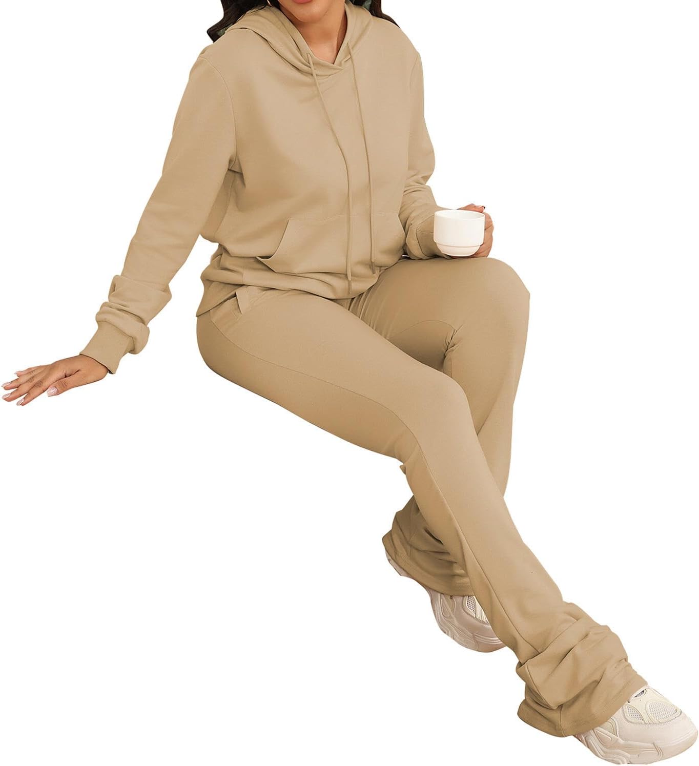 Women's Sweatsuits Sets 2 Piece Outfits Drawstring Hoodies Stacked Jogger Sweatpants Tracksuits Casual Set - Image 6