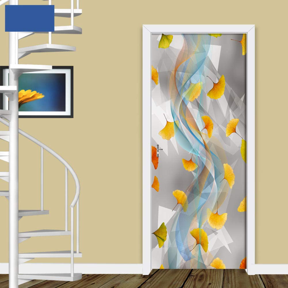 KGKBH 3D three-dimensional door stickers mural Maple leaf, abstract, ribbon 77x200cm Removable self-adhesive mural, used for bedroom, house, door, living room, bedroom, office, wall with vinyl film, l