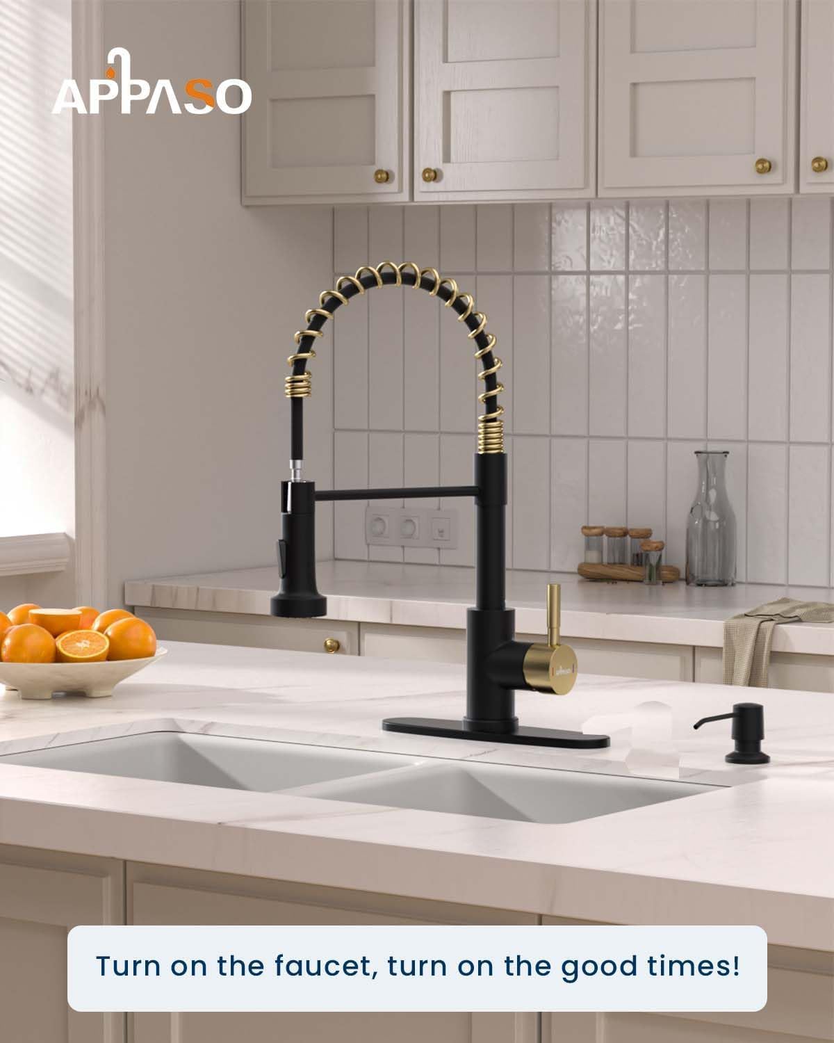 APPASO Grifo de cocina negro y dorado con dispensador de jabón, níquel cepillado, grifo de cocina extraíble, grifo comercial de arco alto de una sola manija para fregadero