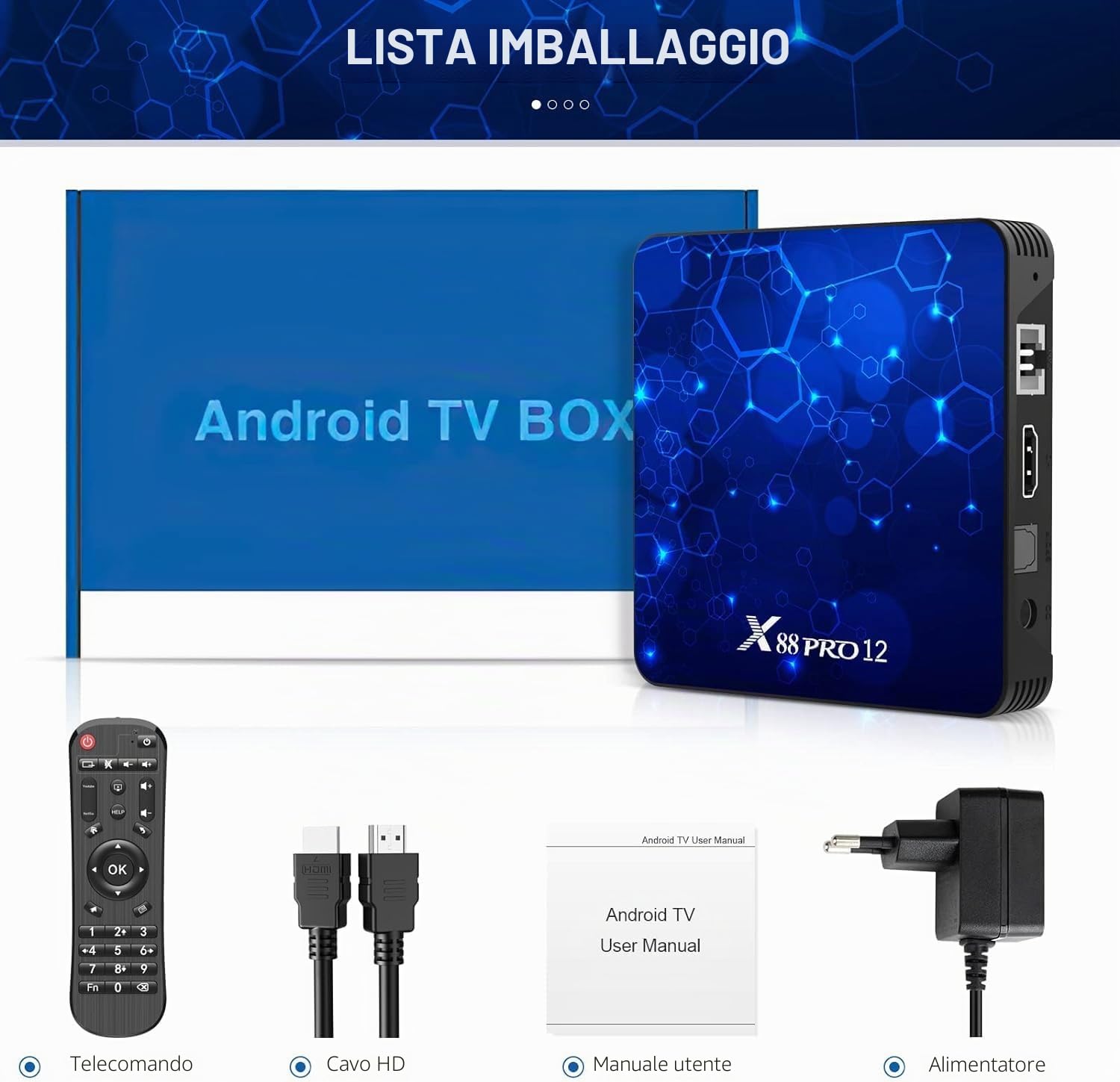 Android 12.0 TV Box, 4 GB di RAM 32 GB di ROM Android TV Box RK3318 Quad-Core 64bit Cortex-A53 Supporto 2.4G/5G WiFi 6 Bluetooth 5.0 Risoluzione UHD 4K/3D Porta USB 3.0