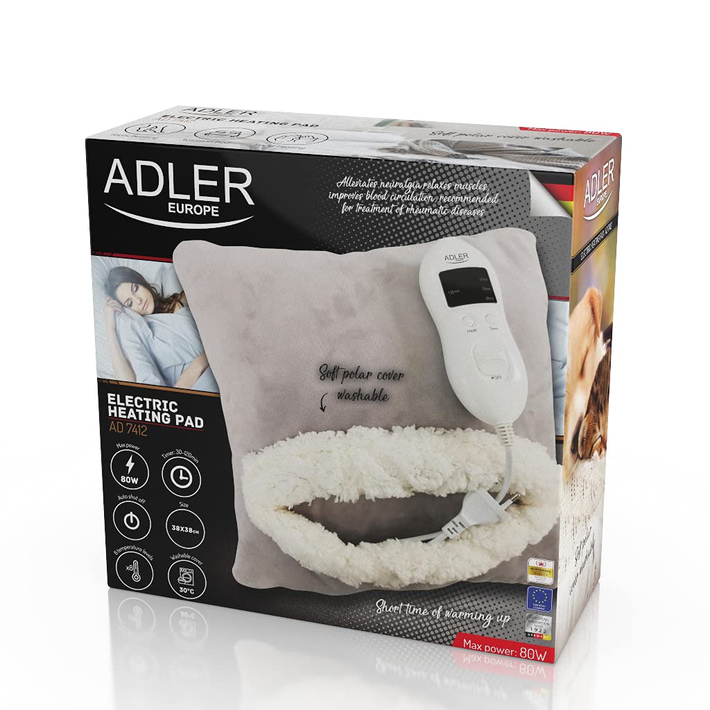 Adler AD 7412 Elektrisches Heizkissen Wärmekissen 80 W 8 Temperaturstufen mit Timer Waschbar 38 x 38 cm Grau