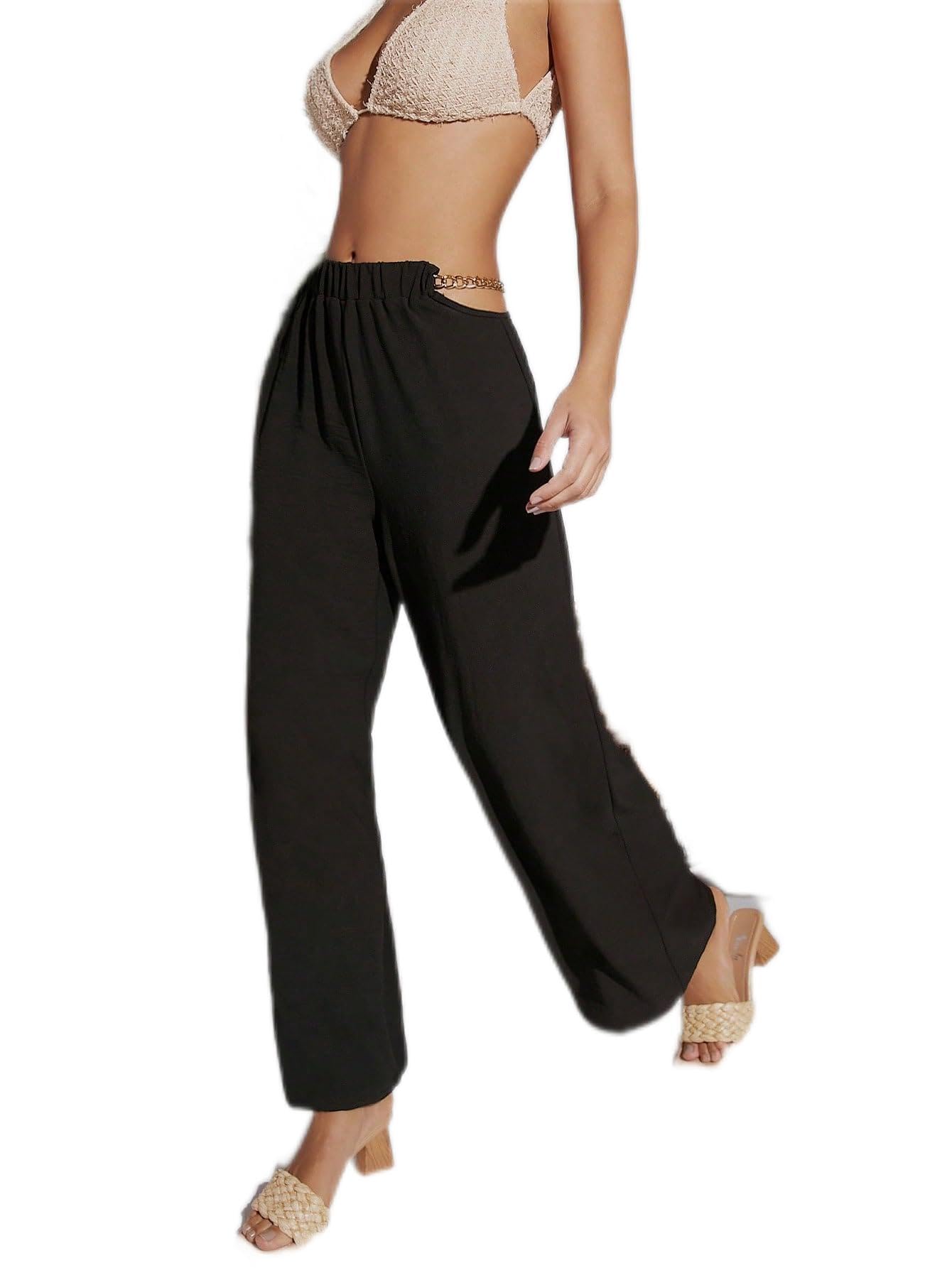 CLAIGH Pants for Women Solid Chain Detail Wide Leg Pants