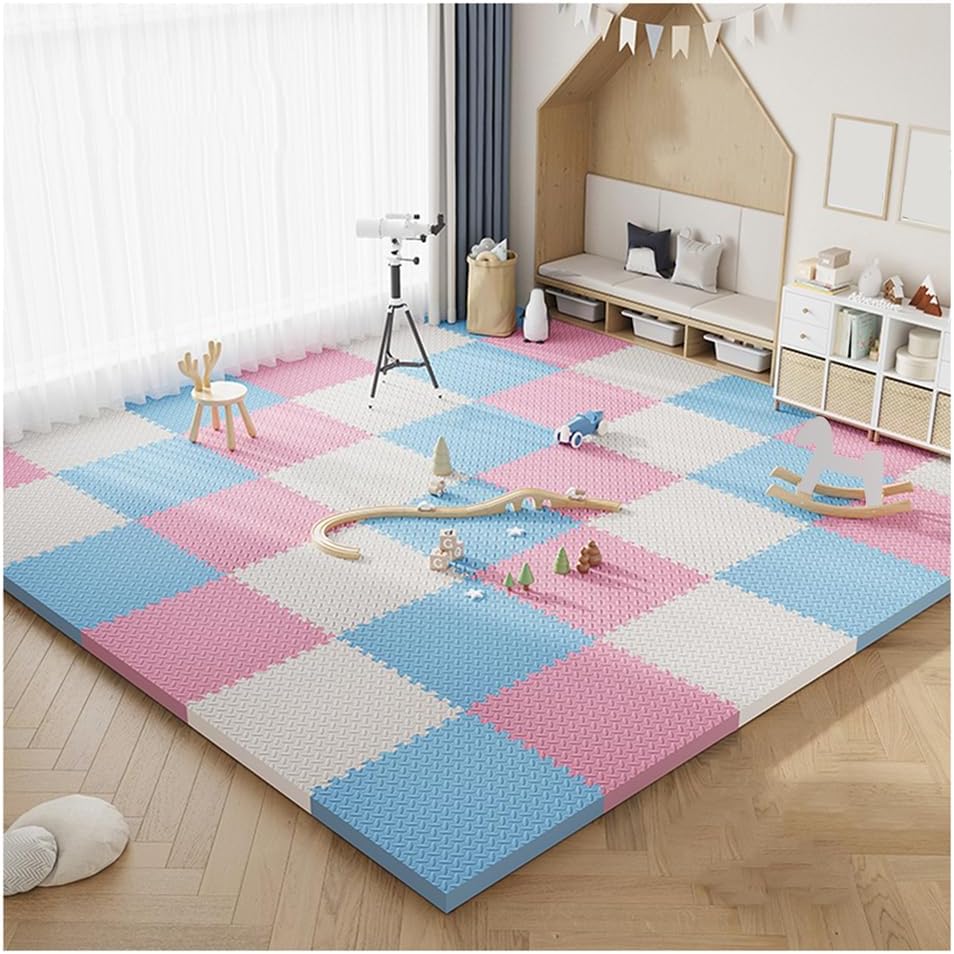 24Pcs EVA Foam Interlocking Gym Mats – Soft Non-Slip 12×12 Inch Puzzle Floor Tiles for Playroom & Home Protection – White, Pink & Sky Blue Exercise Flooring