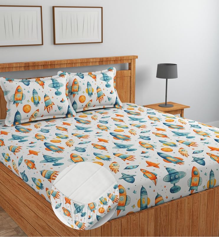 Image of RD FABS Glace Cotton Wrinkle Free Soft Hypoallergenic Elastic Fitted Cartoon Printed Bedsheets for Kids with 2 Pillow(Size,78 x 72 Inches(Fits up to 8 Inch),White Rocket),Double Bed,300 TC