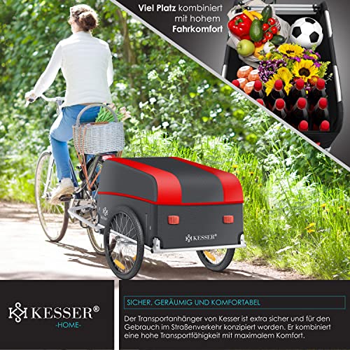KESSER® Fahrradanhänger Lastenanhänger Transportanhänger Hochdeichsel mit Kupplung Hochdeichsel Anhänge für Fahrrad Transportbox 120 Liter Inkl. Regenschutz mit Klappfunktion & Fahne 40Kg Rot