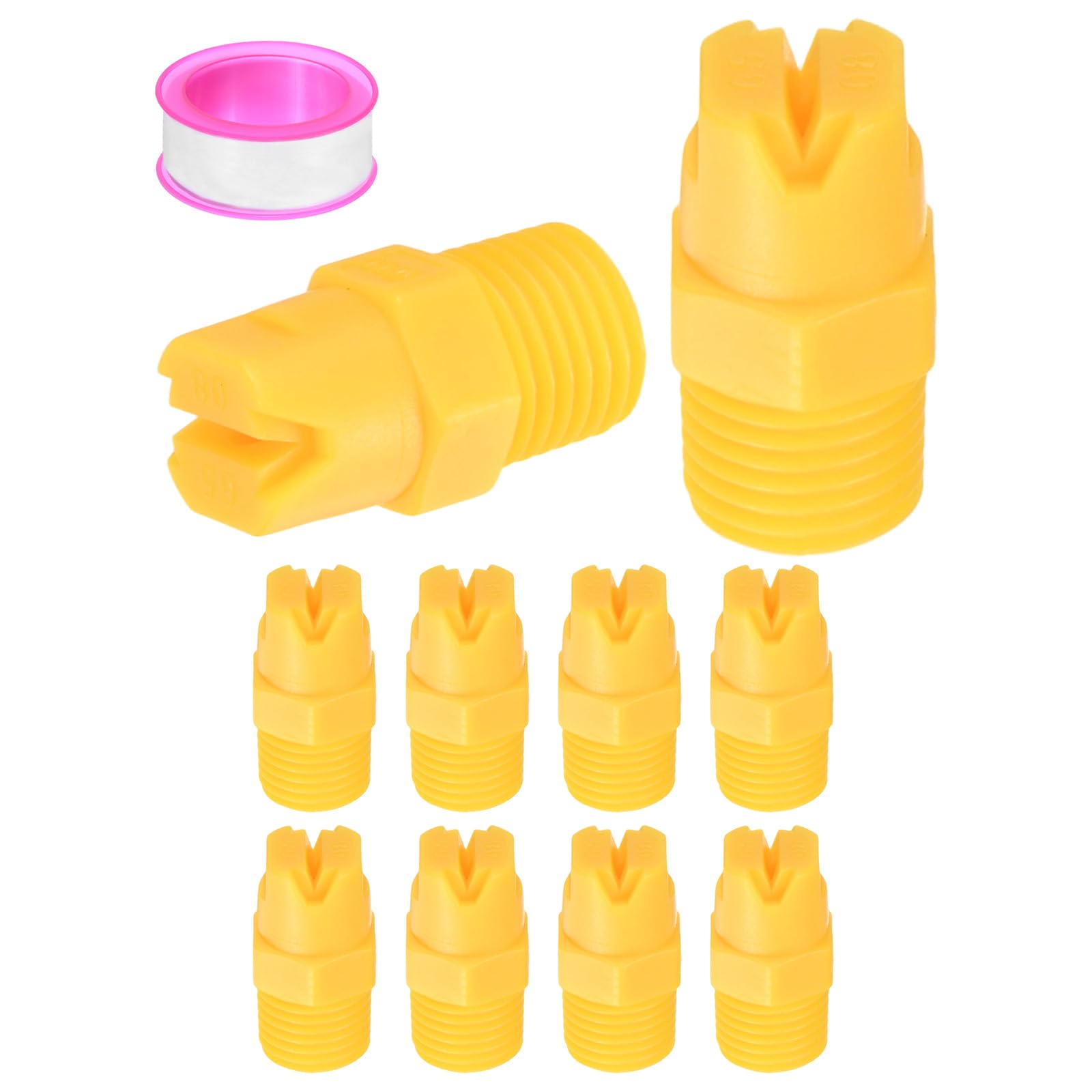 M METERXITY 10-Pack Sprayer Nozzle Tips, 1/4 BSPT Male Thread 65 Degree Plastic Flat Fan Spray Tip with Tape for Agricultural Irrigation, Replacement of Knapsack Nozzles [Orange, 1.8mm Pore]
