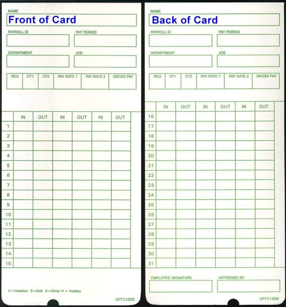 50 Standard Monthly Time Cards for Non-Calculating uPunch/Vevor/Aibao/Chivasing/CO-Z/Goplus/NATAMO/ONXO/Rifrano/SSELF/Yescom/and Other Generic Brand Clocks