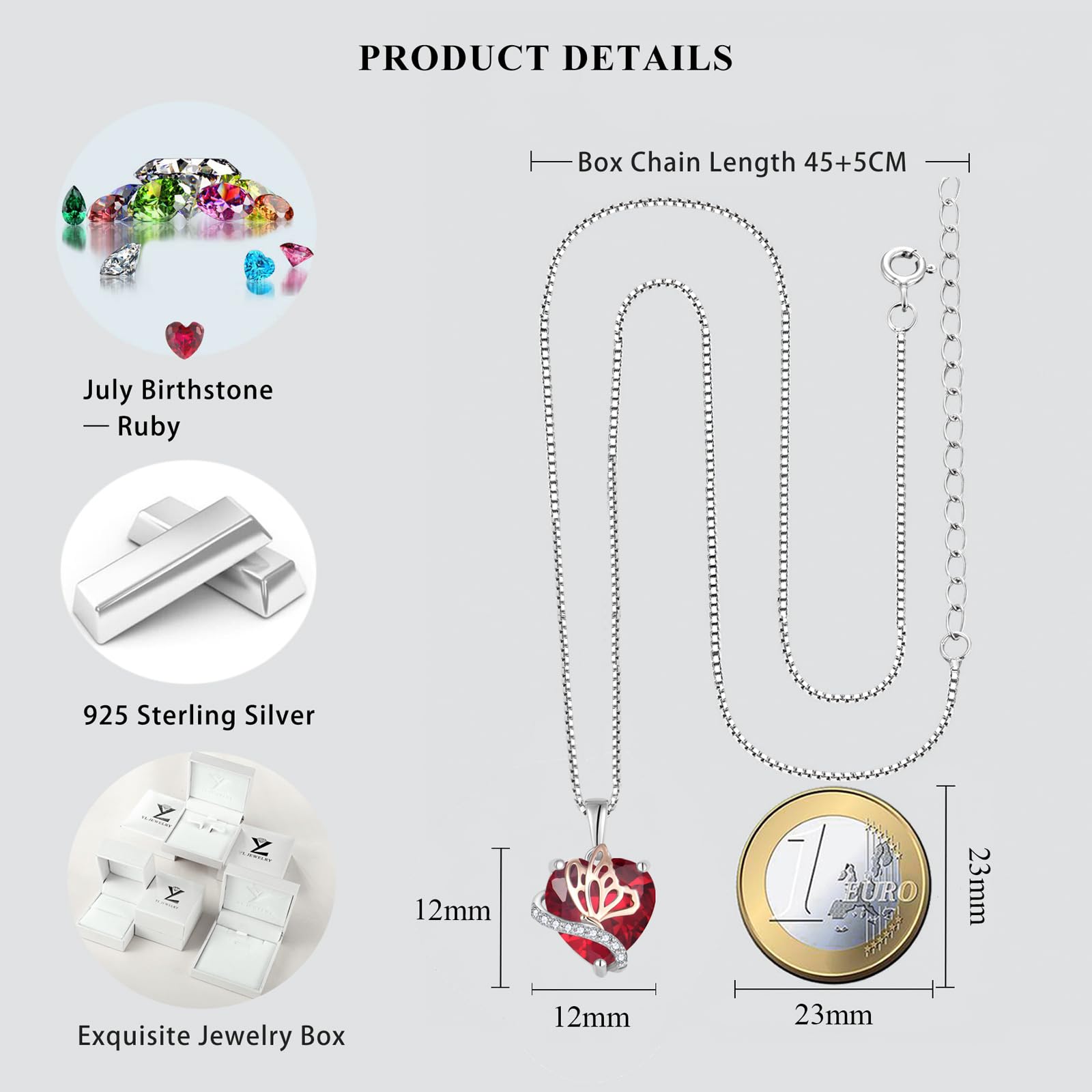 YL Collier Cœur Argent 925 taillé 12 Pierres de Naissance Oxyde de Zirconium Papillon Pendentif pour Femme
