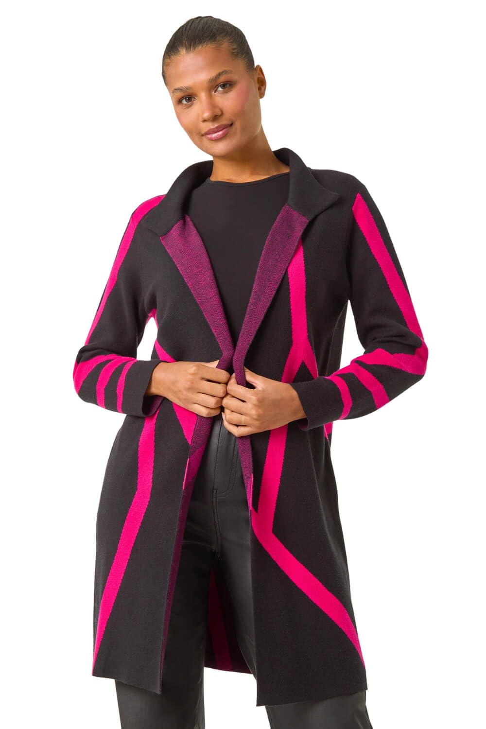 Roman Originals Women's Cerise Abstract Patterned Cardigan For Uk - Everyday Autumn Winter Comfy Soft Evening Vacation Work Party Night Out - Size 10