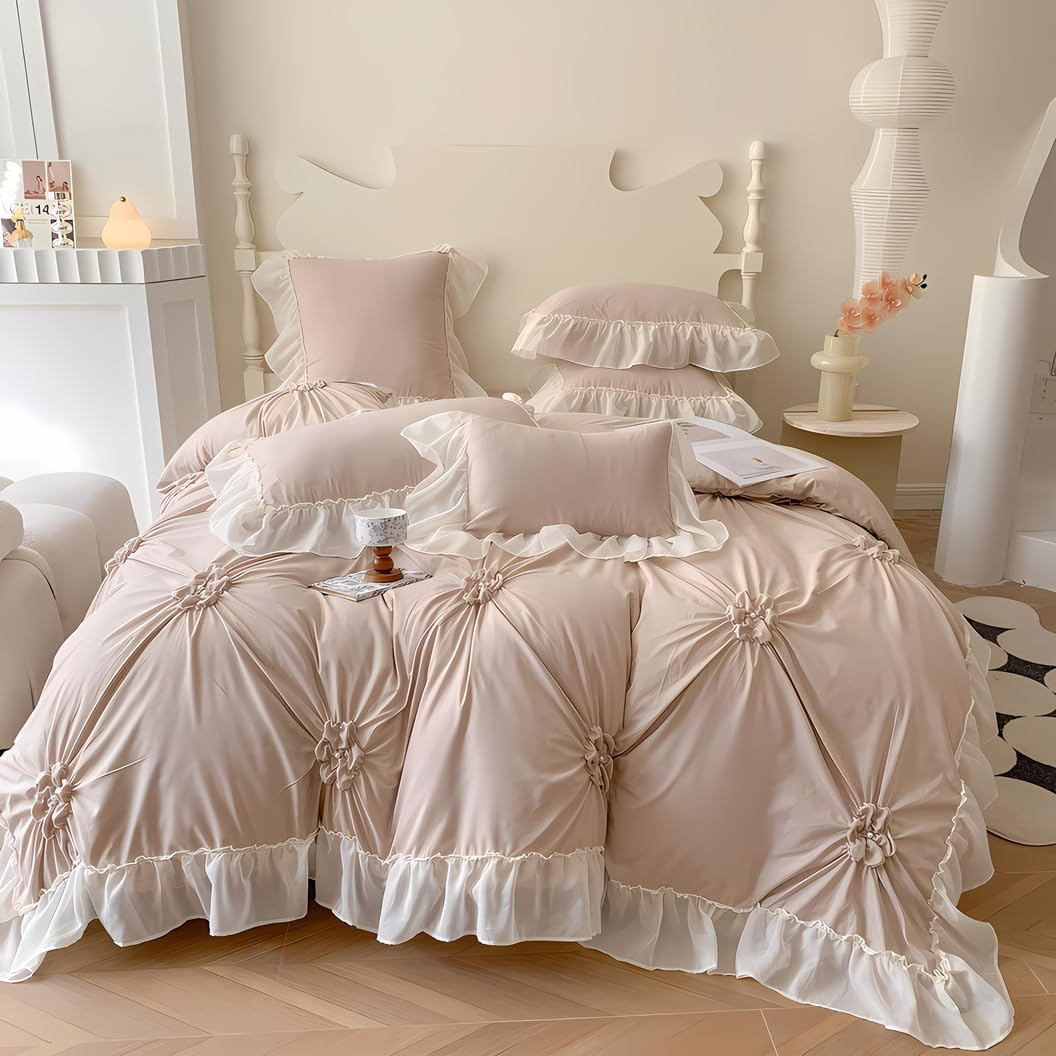 IHOUSTRIY Khaki Duvet Cover Queen Size - Pintuck Queen Duvet Cover Set Flower, 3 Piece Girls Ruffle Bedding with Zipper Closure, 1 Pinch Pleated Duvet Cover 90x90 inches and 2 Pillow Shams