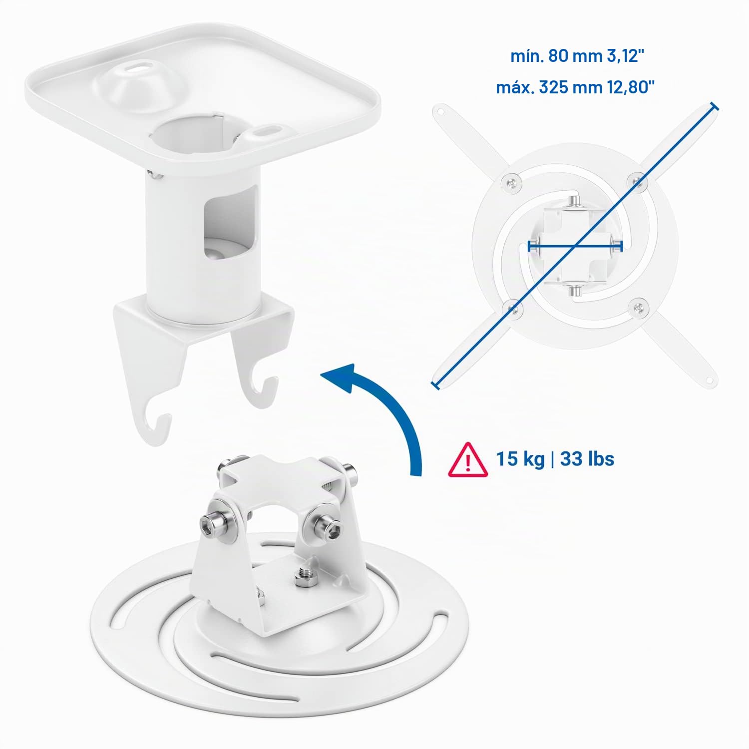deleyCON Universal Beamer Soporte para Proyectores Inclinación de +-25° Rotación de 360° Soporta hasta 15Kg Alcande de hasta 215mm - Blanco