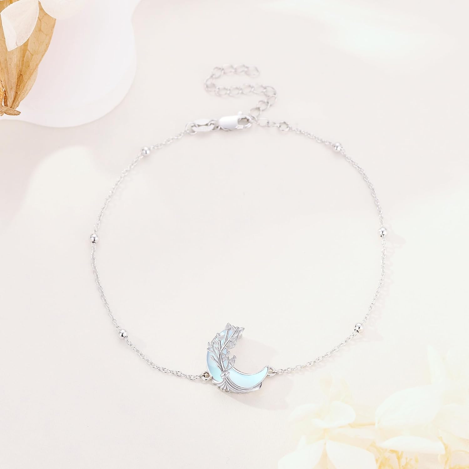 MONGAS Moonstone Bracelet Sterling Silver Tree of Life/Filigree/Lotus/Turtle/Bow Ankle Bracelets Jewelry Gifts for Women