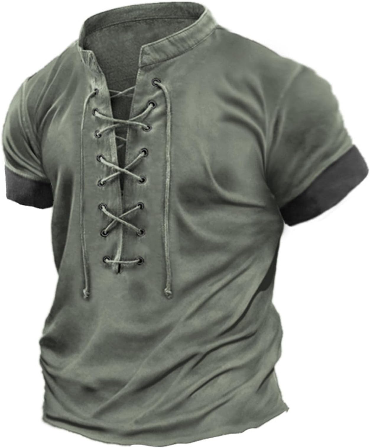 Men's Outdoor Military Tactical T Shirts Retro Eyelet LaceUp Henley Collar Short Sleeve TShirts