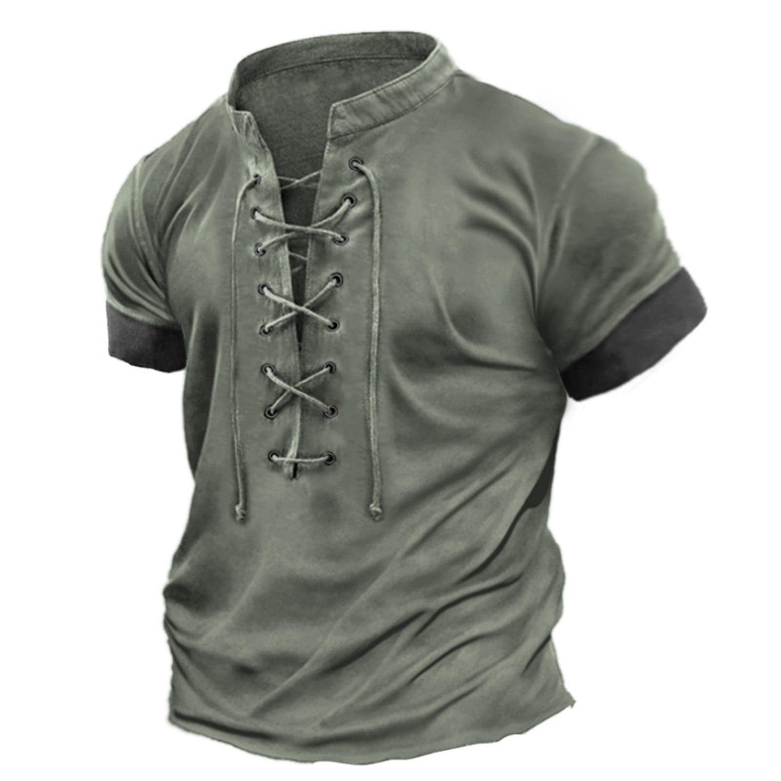 Men's Outdoor Military Tactical T Shirts Retro Eyelet LaceUp Henley Collar Short Sleeve TShirts