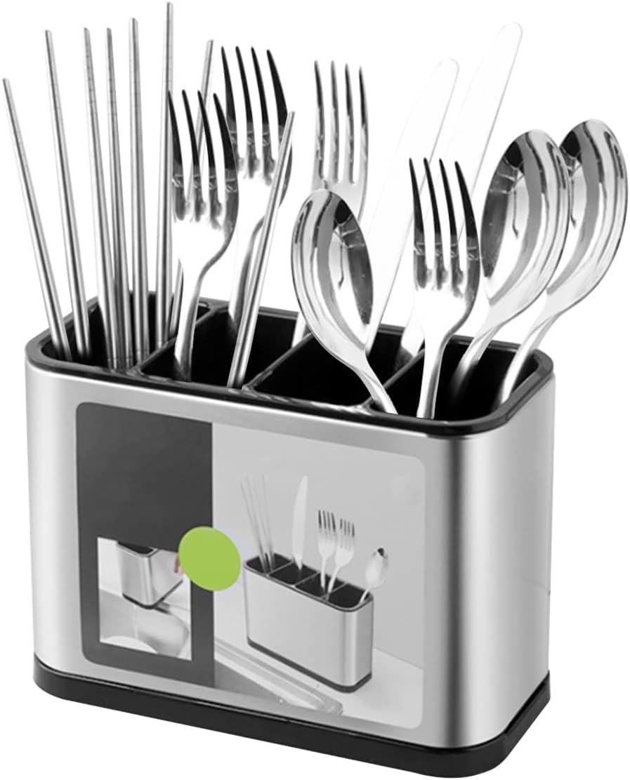 Rhaiqbvc Silver Kitchen Cutlery Holder 18X13x8.6cm Stainless Steel Large Capacity Utensil Holder Anti Slip Water Draining Design 4 Compartments Kitchen Utensils Organizer For Spoons Spatulas Forks Knives
