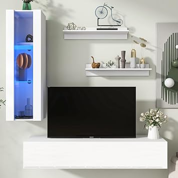 4-Piece Wall Mount Floating TV Stand for TV Up to 70 Inch,TV Stand with See-Through Media Storage Cabinets, Modern High Gross Entertainment Center with LED Lights for Living Room, Bedroom-White