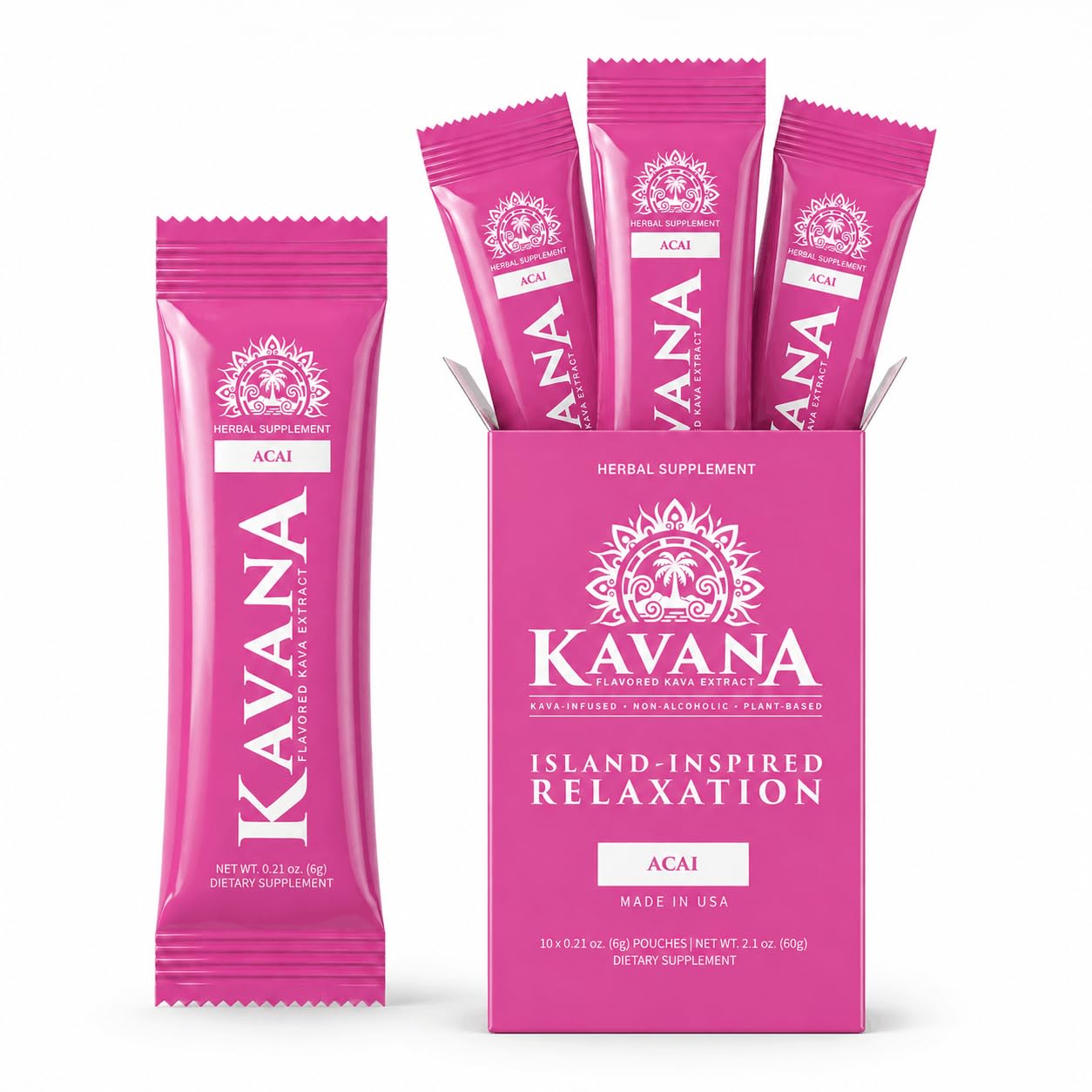 Kavana Instant Kava Drink Mix - Instant Kava Powder Stick Packs with 30% Kavalactones Extract, 10 Single-Serve Pouches - Herbal, Non-Alcoholic, Sugar-Free, Plant-Based, Made in USA - Acai