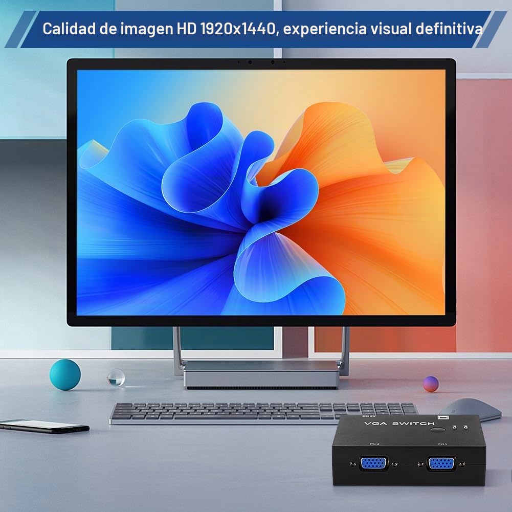 Conmutador VGA de 2 PC a 1 Monitor, VGA Switch 2 Entradas 1 Salida Caja de Selección Splitter Adaptador VGA Resolución, para Ordenador PC Portátil Sobremesa Soporte VGA XVGA SVGA UXGA
