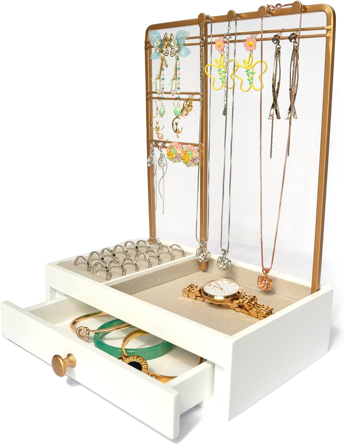 JinfreyJewellery Organiser Stand Hang Jewelry in Style! Display Necklaces, Earrings, Rings, Bracelets, Watches Neatly Organized with Elegant Gold White Jewellery Tree Storage. Wonderful Gift for Girls Women