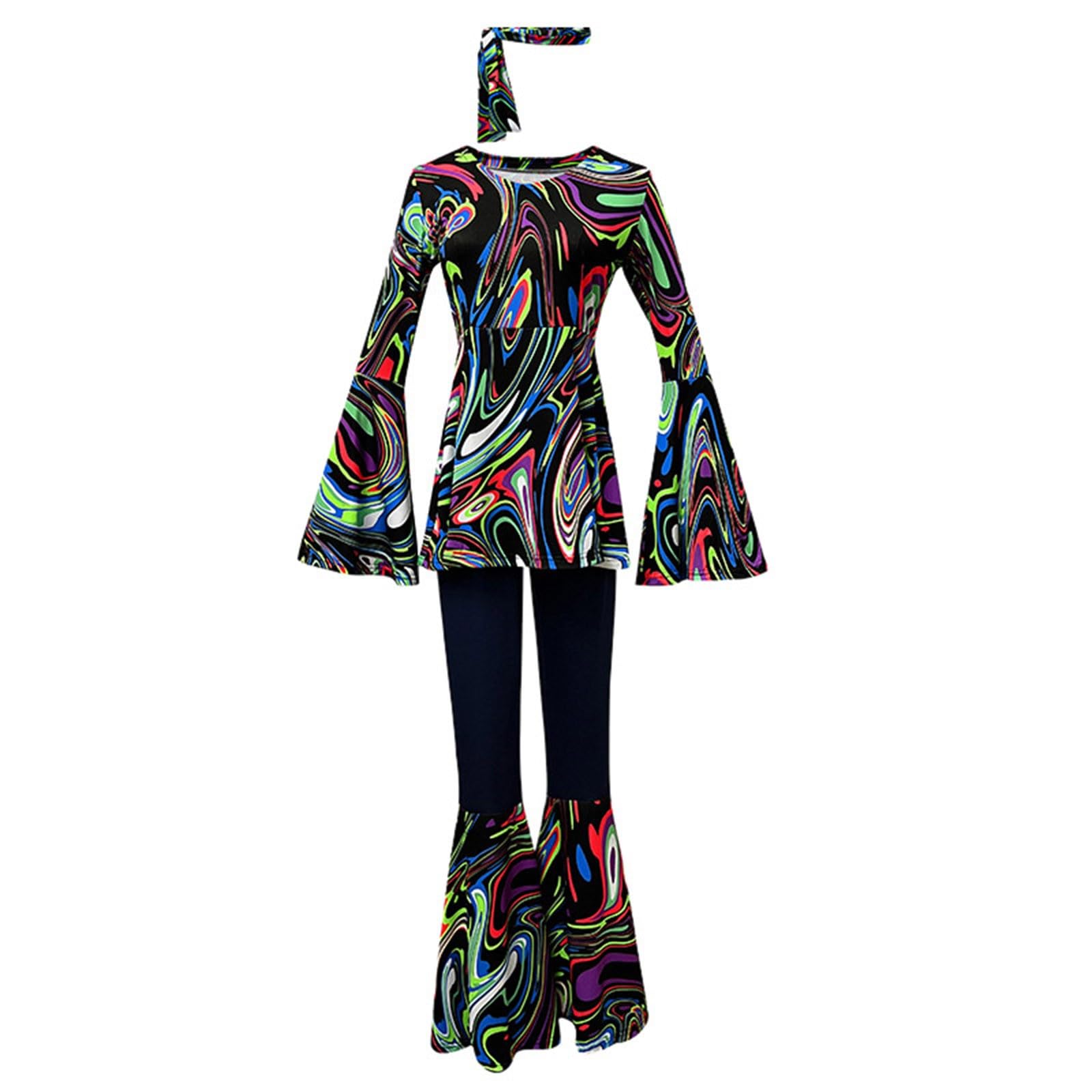 Celanisai 70s Outfit, Women's Abba Costume, Hippie Costume, Women's Hippie Clothing, Flared Trousers, Fashion Flower Power Clothing for Fancy Dress Costume, Disco Party, Halloween, Carnival, Disco — image 1