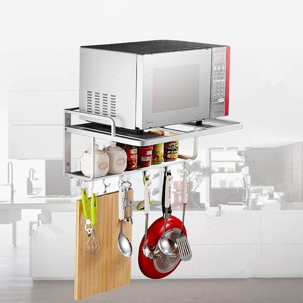 Support micro-ondes mural en inox avec porte-couvercle intégré