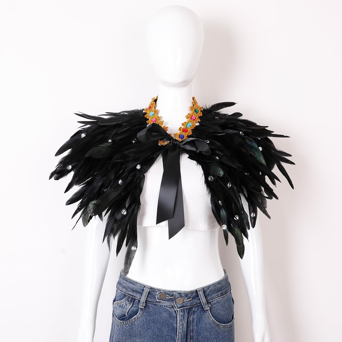 Black Feather Shoulder Cape for Women, Costume Shawl Wrap for Masquerade Party Halloween Photo Shoot