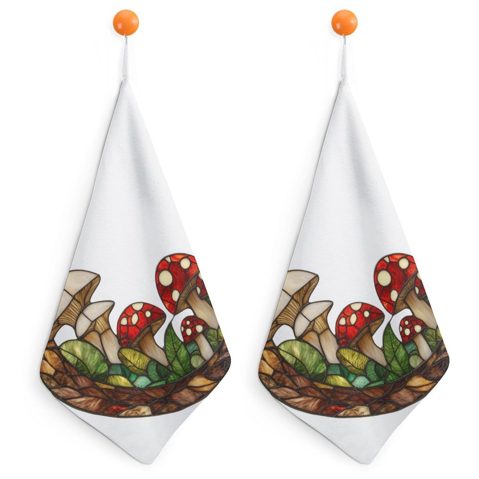 Jubonexis Stained Glass Crescent Moon And Mushrooms Small Hand Towel with Hanging Loop 2 PCS Absorbent Soft Wash Cloth for Kitchen Bathroom