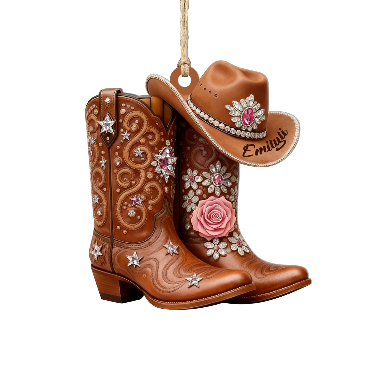 Personalized 2D Flat Cowgirl Boots and Hat Christmas Ornament,Custom Western Cowgirl Boot Hat Hanging Ornaments for Christmas Trees,Xmas Western Gift for Cowgirl