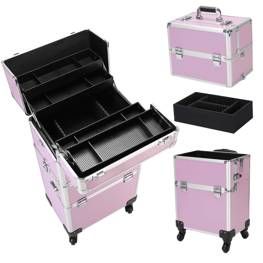 3 in 1 Professional Rolling Train Cases ,Aluminum Makeup Train Case , Multifunction Artist Makeup Cosmetic Train Case with 4 Removable Rolling Wheels and Lockable 4 Keys (Pink)