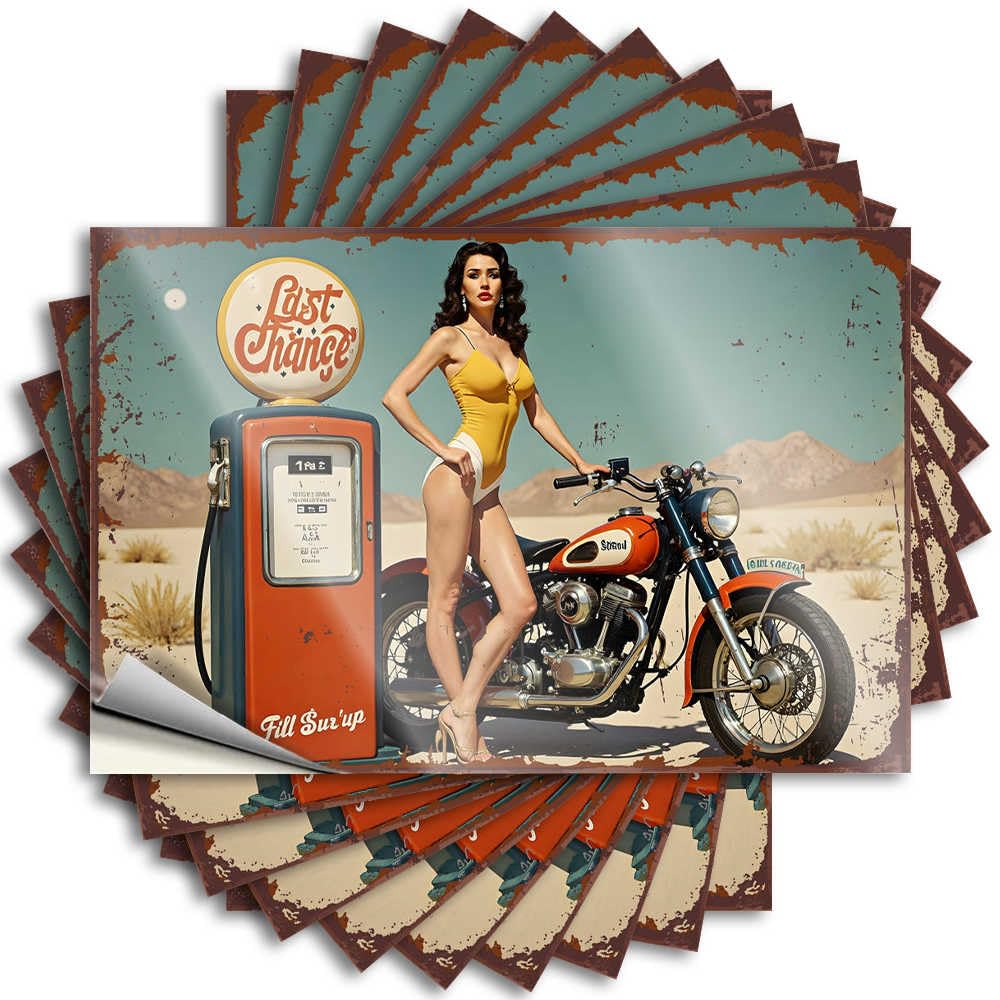 Vintage Desert Oasis: Pin-up Girl with Motorcycle At Gas Pump Cheap Personalized - Tattoos Bumper Removable Vinyl Decal(8X12CM)
