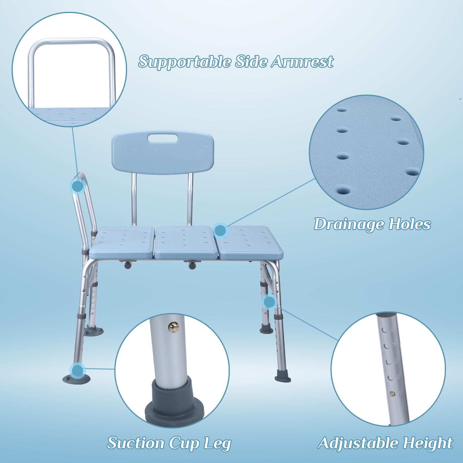 Winado Banco de transferencia para bañera con respaldo y reposabrazos, soporta hasta 330 libras, silla de baño de aleación de aluminio, color azul
