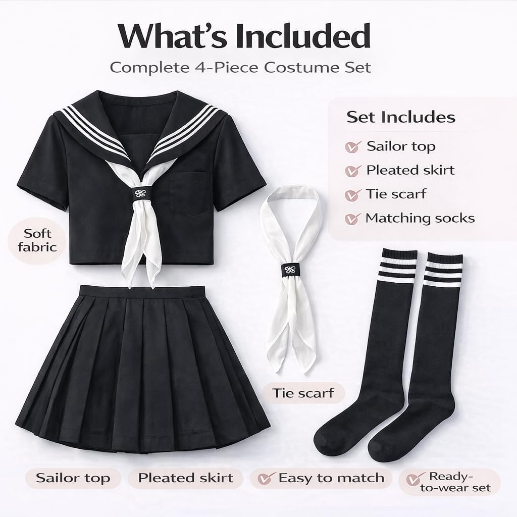 Japanese Sailor Uniform for Women, 4 Piece Anime JK Cosplay Outfit with Pleated Skirt, Scarf & Socks