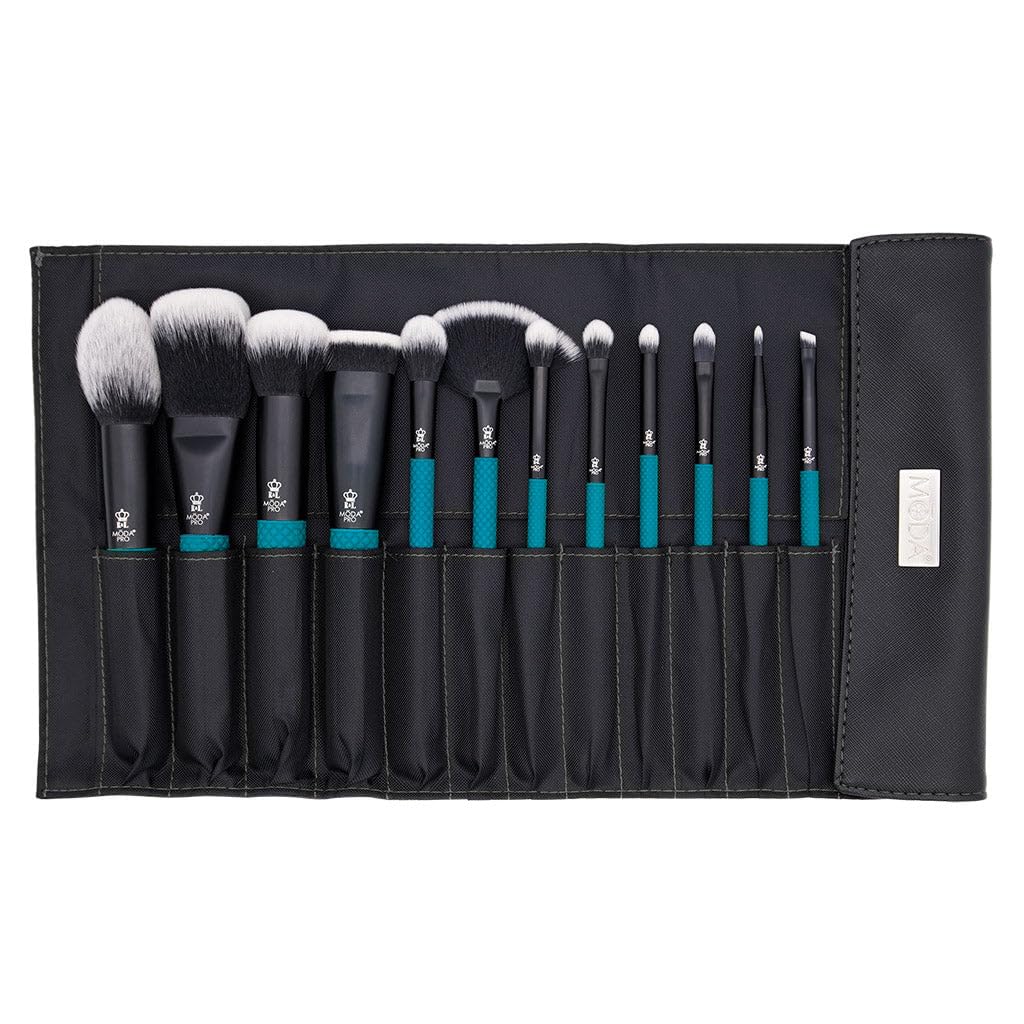 MODA Pro Full Face - Set di 13 pennelli da trucco con custodia da viaggio (verde acqua)