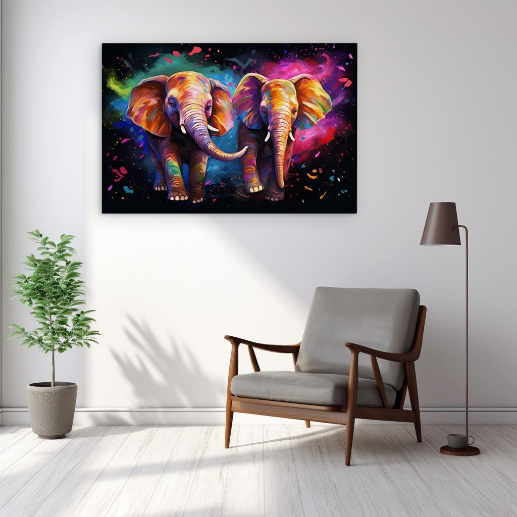 Canvas for Living room. Embracing Colors: Abstract Elephants in a Vivid Dance of Unity, 27 x 18 inch Canvas Wall Art - Modernist Expressions - Modern Home Decor - 69x46 cm (27x18 inch)