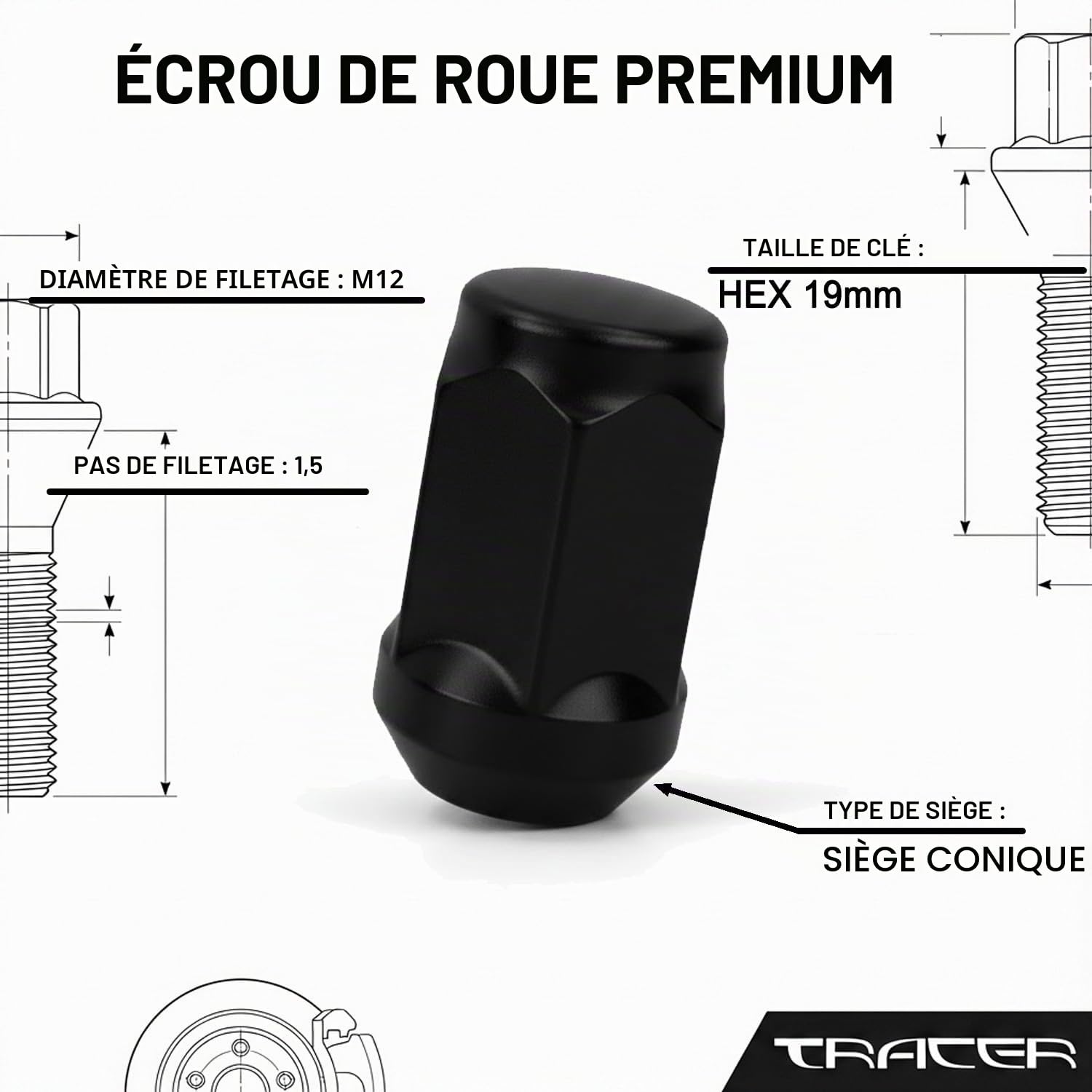 TRACER Lot de 20 écrous de roue fermés coniques 60° M12 x 1,5 - Noir - Convient pour jantes en aluminium et en acier